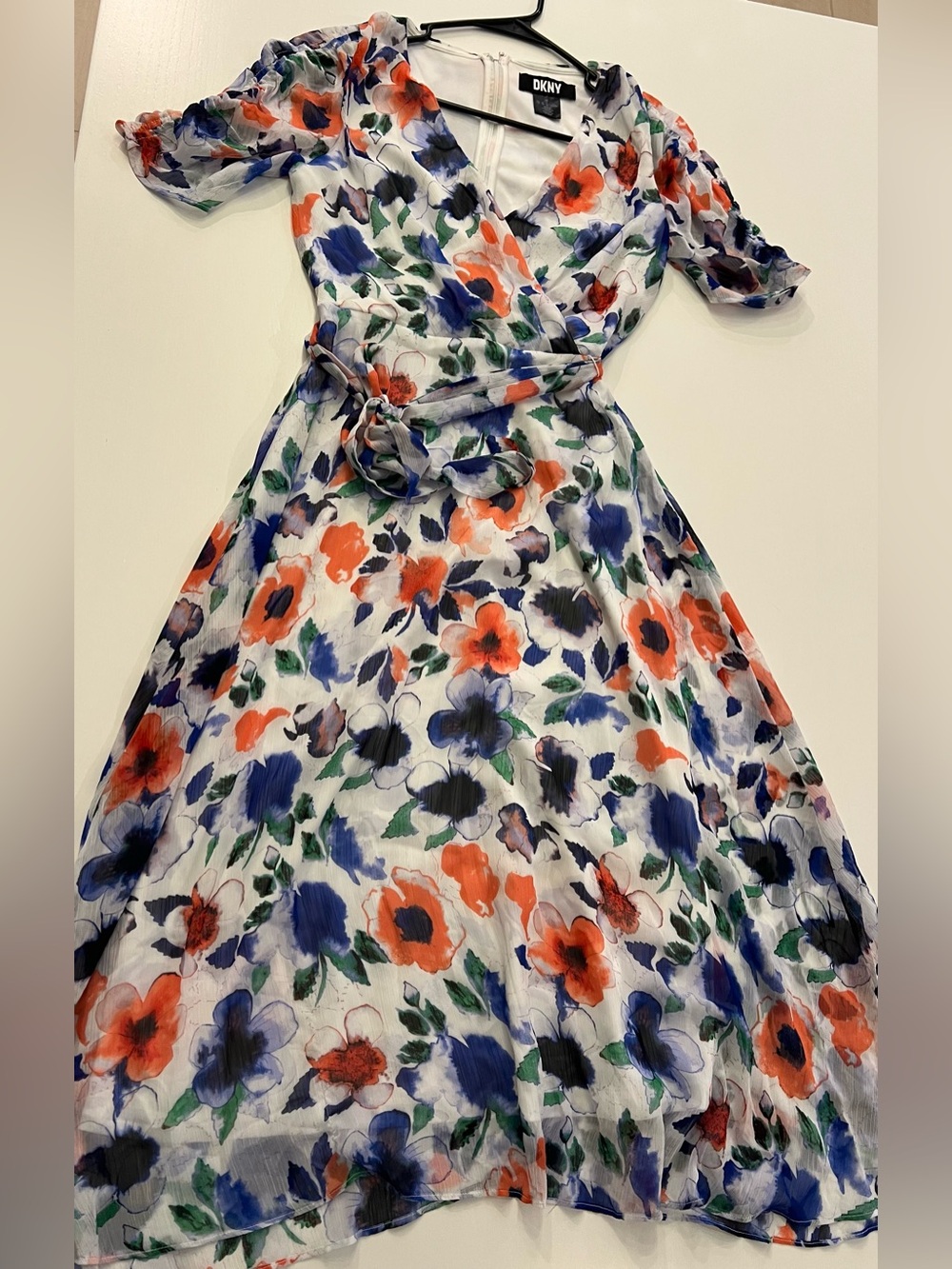 Dkny White Floral Wrap Dress with Blue & Orange Blooms